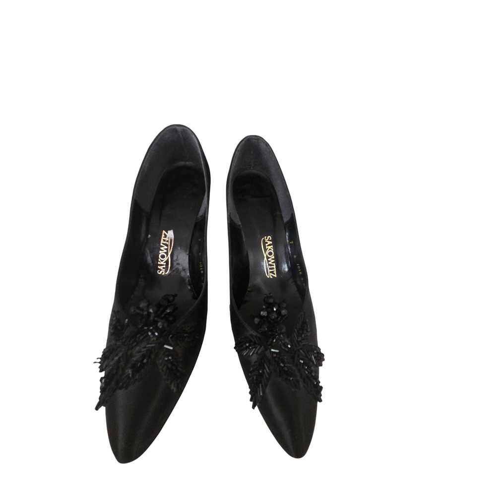 Sakowitz Black Satin Beaded Leaf Embellished Stiletto Heels Pumps Women's Size 7